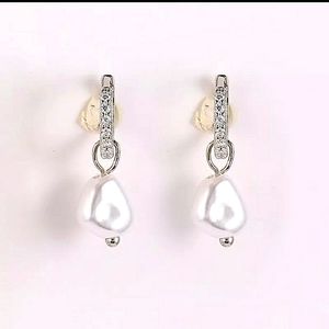 925 STERLING SILVER CRYSTAL DIAMOND CZ DANGLE PEARL HUGGIE STYLE HOOPS☆NEW